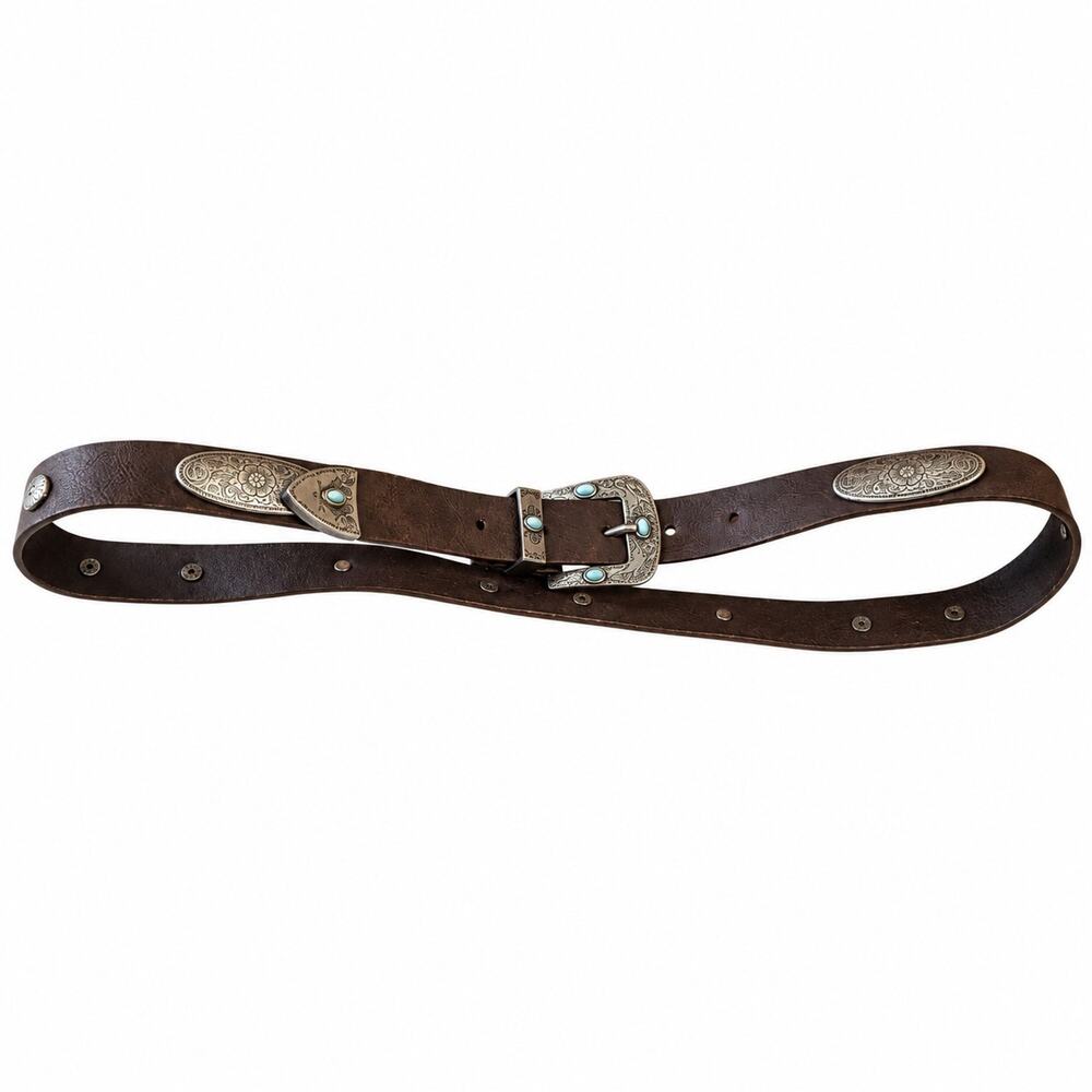 Brown Leather Western Concho Belt Medium Engraved Silver Tone Buckle Turquoise